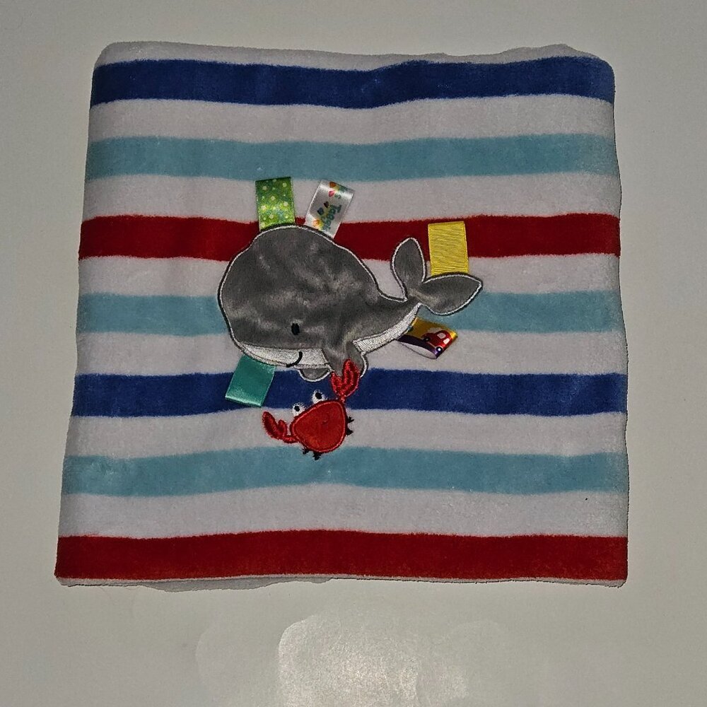 Taggies Whale Crab Red Blue White Striped Fleece Baby Blanket 30x40 RARE HTF